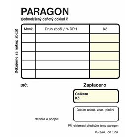 OP100 PARAGON DAŇOVÝ DOKLAD  7,5 x 9,5 cm NCR 100 listů nečísl.